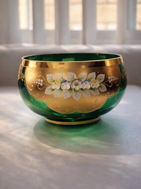 Green and Gold Floral Glass Bowl - Decorative Home Art